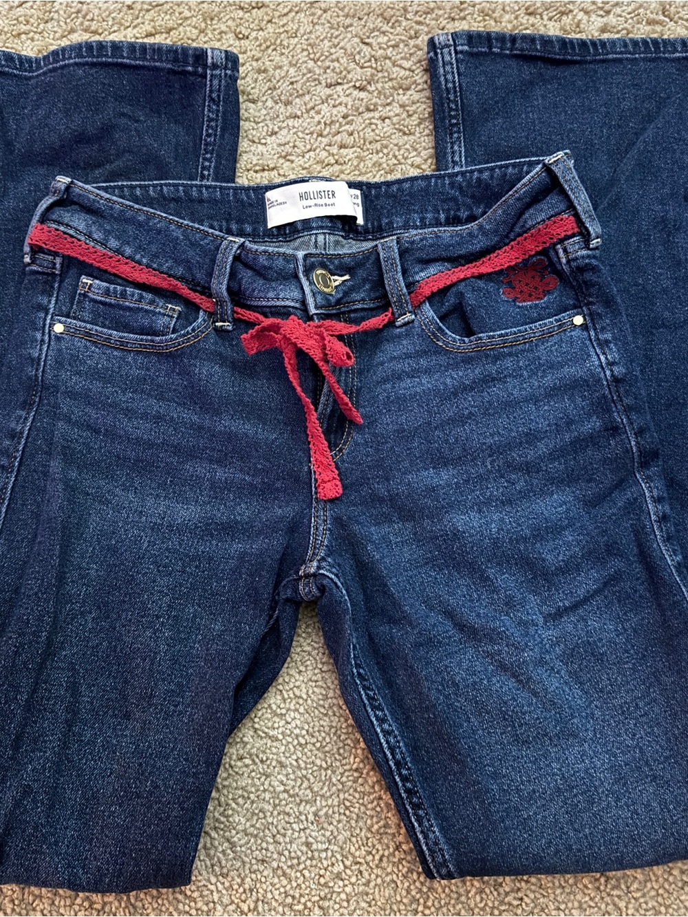 Hollister Dark Blue Bootcut Jeans with Red Knit Belt
